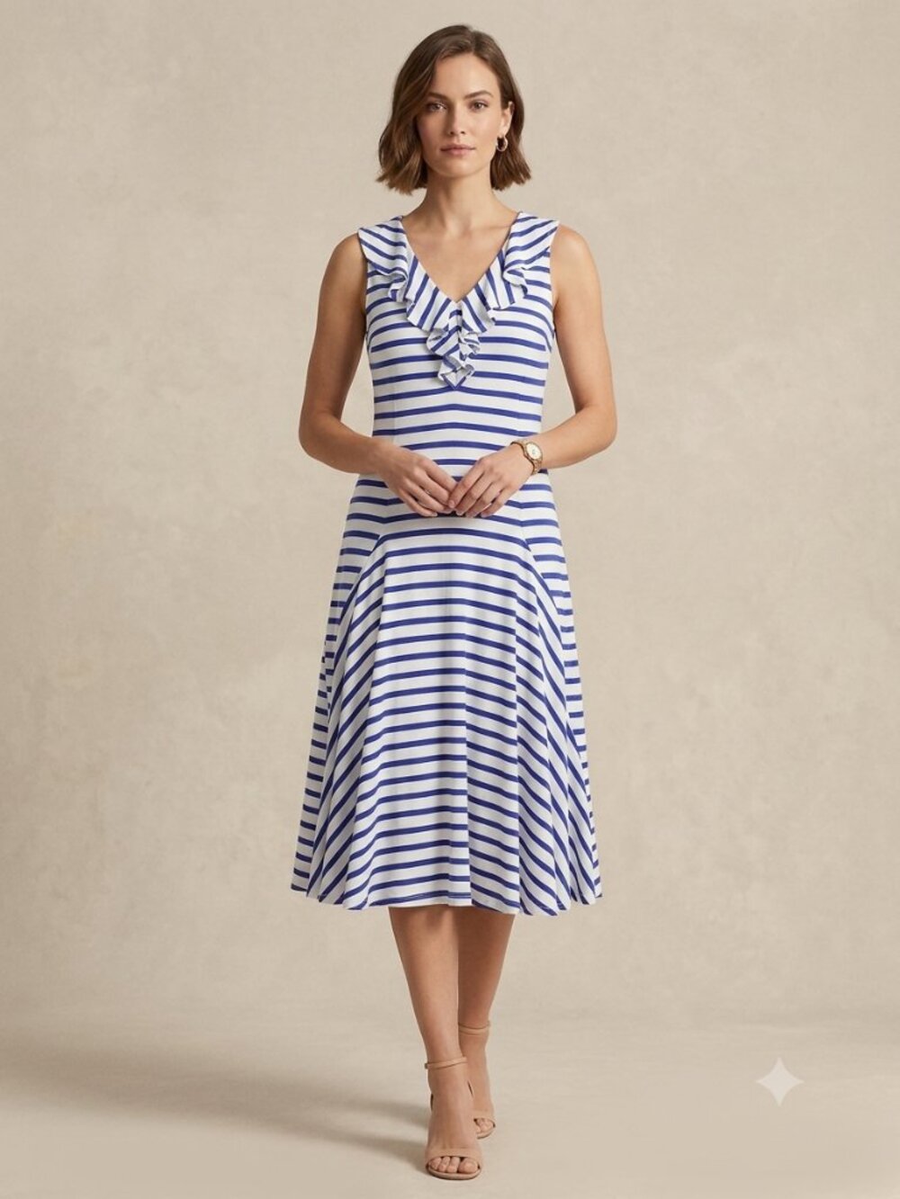 Lauren Ralph Lauren Women's XL Blue White Striped V-Neck Coastal Dress